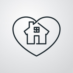 Símbolo agencia inmobiliaria. Icono plano lineal corazón con casa en fondo gris