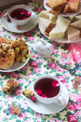 Traditional English tea party in a fabulous decoration. Rustic style.