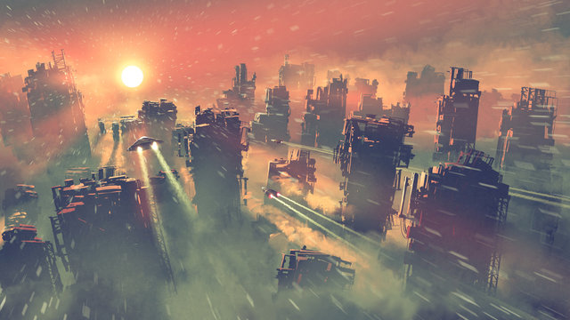 post apocalypse scenery showing of spaceships flying above abandoned skyscrapers, digital art style, illustration painting