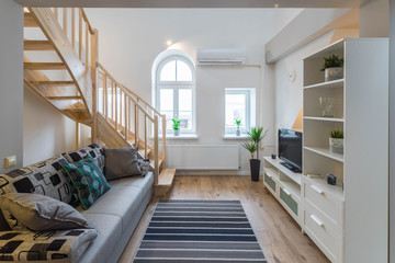 Light interior of room in apartment. Private house. Living room.