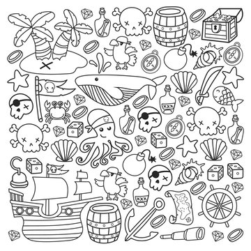 doodle pirate elememts, vector illustration.