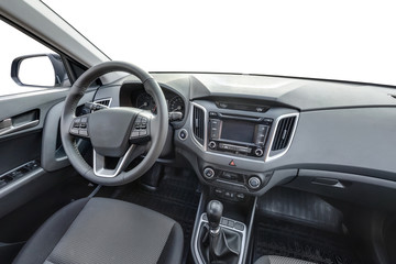 Fototapeta na wymiar panorama in interior leather salon of prestige modern car. steering wheel, shift lever and dashboard