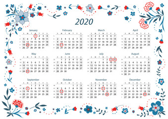 Decorative 2020 year calendar in English language, week starts from Sunday. Vector calendar. - Vector