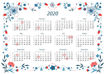 Decorative 2020 year calendar in English language, week starts from Sunday. Vector calendar. - Vector