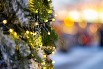 Close up of fairy lights chain on snowy christmas tree with colorful sunset and snow on background, bokeh lights