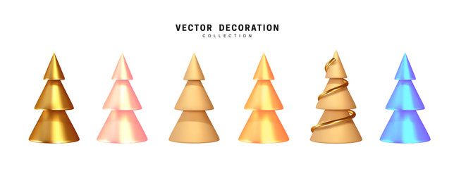 Fototapeta na wymiar Set of Christmas tree. 3d render collection of golden and beige sharp cone shapes, abstract decorative. Xmas object isolated on white background