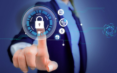 Woman wear formal work suit present presentation using smart latest device