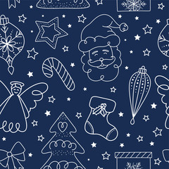 Christmas seamless pattern design with Santa Claus, angel and presents.. Doodles and sketches vector vintage illustration.