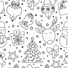 Christmas seamless pattern design with reindeer, gifts and baubles.. Doodles and sketches vector vintage illustration.