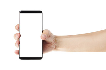 Hand holding a black smartphone, isolated on white background