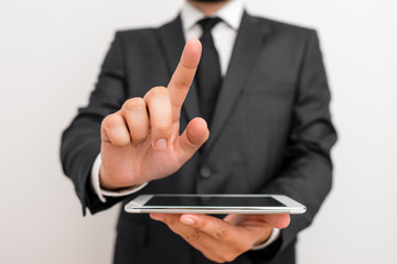 Male human wear formal clothes present presentation use hi tech smartphone