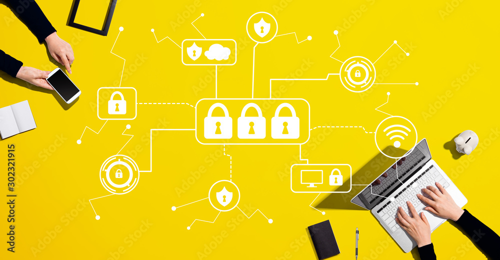 Wall mural cyber security theme with people working together with laptop and phone