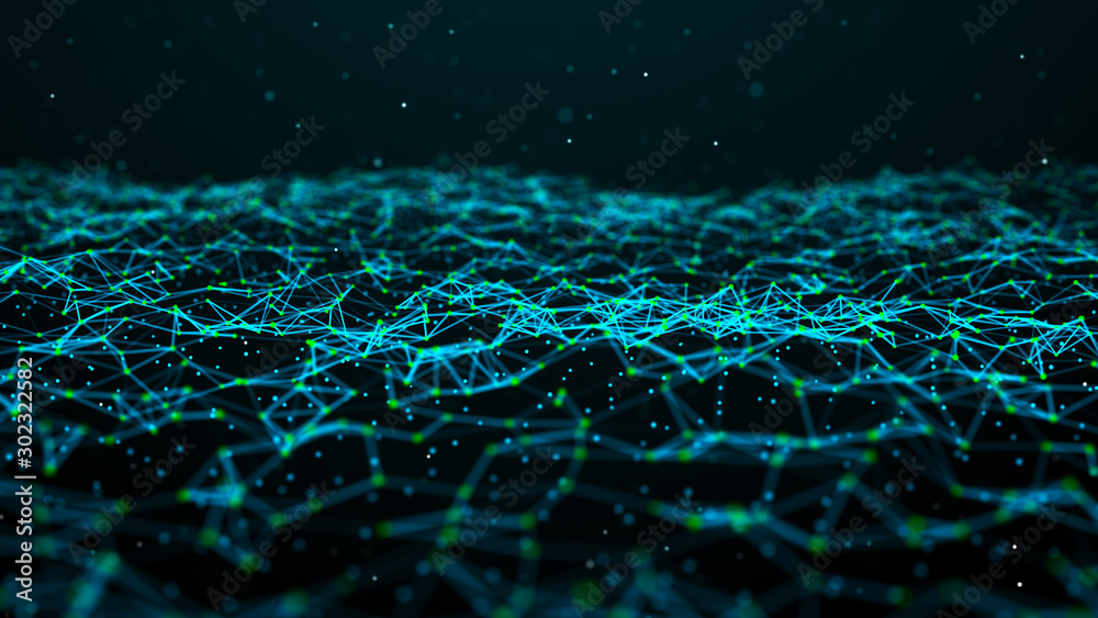 Poster data technology futuristic illustration. wave of bright particles. technological 3d landscape. big d