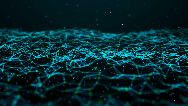 Data technology futuristic illustration. Wave of bright particles. Technological 3D landscape. Big data visualization. Network of dots connected by lines. Abstract digital background. 3d rendering.