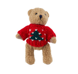 little cute brown teddy bear with in a red knitted sweater
