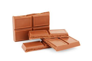 Broken bar of chocolate on a white background