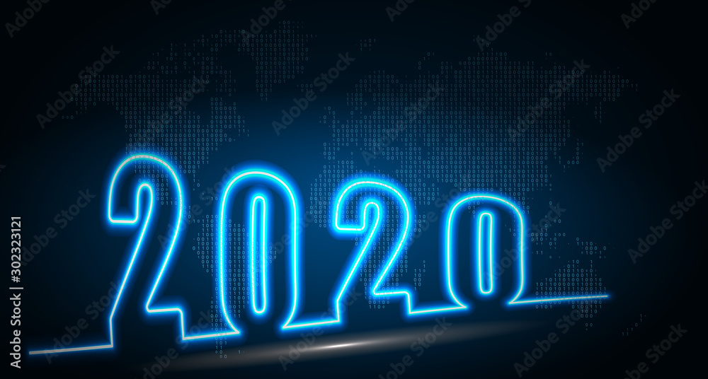 Canvas Prints Happy New 2020 Year. Futuristic Neon Background. Technology Poster