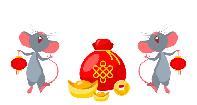 Rats (Mice) with Golden Ingot and Coins. Happy New Year of Rat 2020