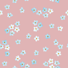 Little blue and white flowers watercolor painting - hand drawn seamless pattern on pink background
