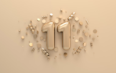 Golden 3d number 11 with festive confetti and spiral ribbons. Poster template for celebrating 11 anniversary event party. 3d render - obrazy, fototapety, plakaty