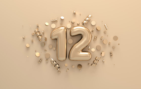 Golden 3d number 12 with festive confetti and spiral ribbons. Poster template for celebrating 12 anniversary event party. 3d render