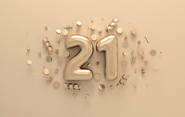 Golden 3d number 21 with festive confetti and spiral ribbons. Poster template for celebrating 21 anniversary event party. 3d render - obrazy, fototapety, plakaty