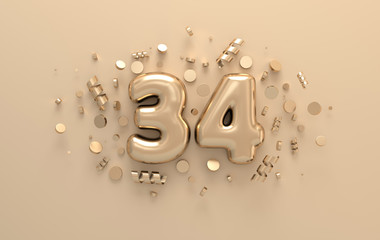 Golden 3d number 34 with festive confetti and spiral ribbons. Poster template for celebrating 34 anniversary event party. 3d render