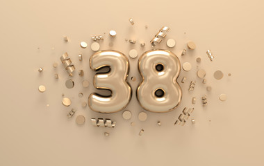 Golden 3d number 38 with festive confetti and spiral ribbons. Poster template for celebrating 38 anniversary event party. 3d render