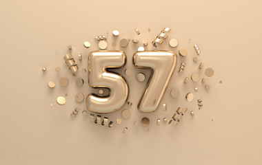 Golden 3d number 57 with festive confetti and spiral ribbons. Poster template for celebrating 57 aniversary event party. 3d render
