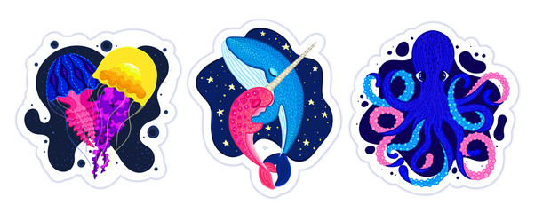 Vector set of marine animals. Jellyfish, narwhal and blue whale, octopus. Cute cartoon characters. Sea creatures. Design for water park, aquarium. Print on clothes, covers, posters. Sticker, label © leila_divine