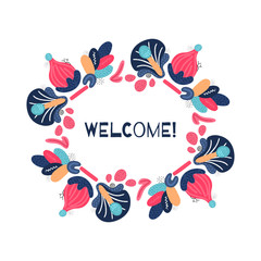 Vector background with floral composition. Frame of abstract hand drawn colorful flowers with different textures. Applique. Freehand style. Design for card, packaging, invitation, banner, cover © leila_divine