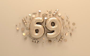 Golden 3d number 69 with festive confetti and spiral ribbons. Poster template for celebrating 69 aniversary event party. 3d render