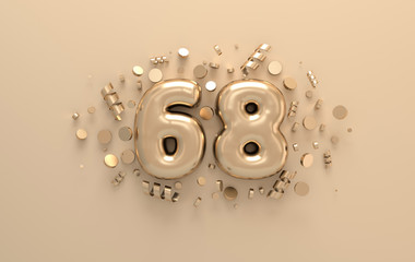 Golden 3d number 68 with festive confetti and spiral ribbons. Poster template for celebrating 68 aniversary event party. 3d render