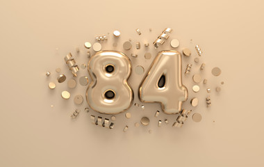 Golden 3d number 84 with festive confetti and spiral ribbons. Poster template for celebrating 84 aniversary event party. 3d render