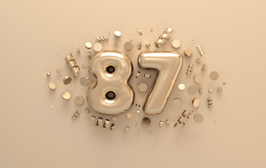 Golden 3d number 87 with festive confetti and spiral ribbons. Poster template for celebrating 87 aniversary event party. 3d render