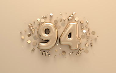 Golden 3d number 94 with festive confetti and spiral ribbons. Poster template for celebrating 94 aniversary event party. 3d render
