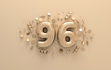 Golden 3d number 96 with festive confetti and spiral ribbons. Poster template for celebrating 96 aniversary event party. 3d render