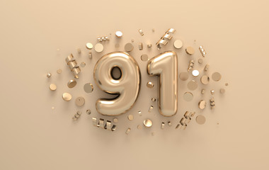 Golden 3d number 91 with festive confetti and spiral ribbons. Poster template for celebrating 91 aniversary event party. 3d render