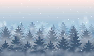 Pine forest at fog in winter. white snow tone at pink sky.