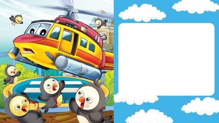 Obraz na płótnie Canvas cartoon scene with cityscape with helicopter flying or landing with frame for text - illustration for children
