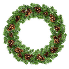 Fototapeta na wymiar frame of tree branches and pine cones. Christmas wreath / decor with pine branches cones and red berries. EPS 10