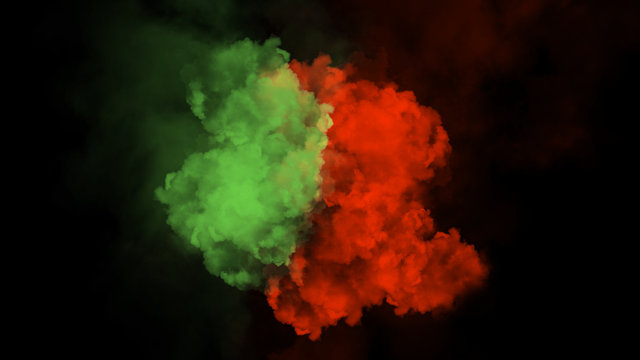 Explosion Color Green And Red Smoke On Solated Black Background.