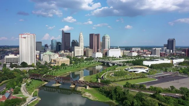 Columbus Ohio with Scioto river Aerial view of Downtown