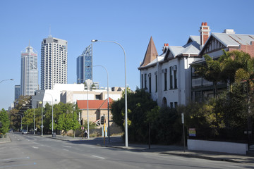 Historical buildings against Perth central business district skyline in Western Australia