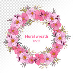Cute wreath of pink flowers. greeting or buisiness card, wedding invitation, thank you note. Summer decor. flower wreath frames .EPS 10