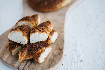 Turkish fast food bagel called Simit.  Turkish bagel Simit with sesame. Bagel is traditional Turkish bakery food.