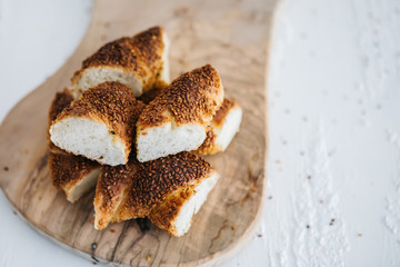 Turkish fast food bagel called Simit.  Turkish bagel Simit with sesame. Bagel is traditional Turkish bakery food.