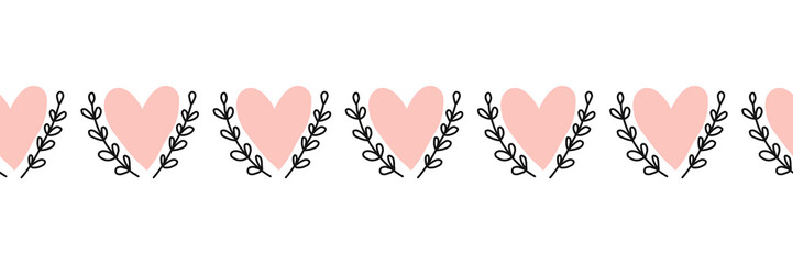 Doodle Hearts seamless vector border hand drawn. Pink heart shapes between leaf branches. Use for Valentines day, card decoration, fabric ribbon, packaging