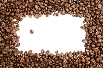Flat lay photo of coffe beans pile with rectangular white empty space in the middle