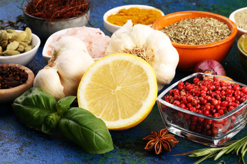 Spices and herbs on table. Food and cuisine ingredients for good cooking